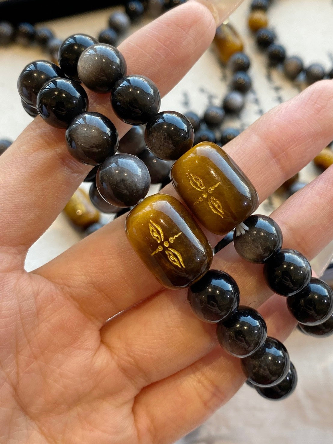 天然黃虎眼 × 雕刻銀曜石水晶手串|10mm|情侶款